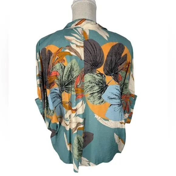 Entro Boutique Teal Blue Tropical Print Collared Lightweight Woven Summer Top - Picture 8 of 11